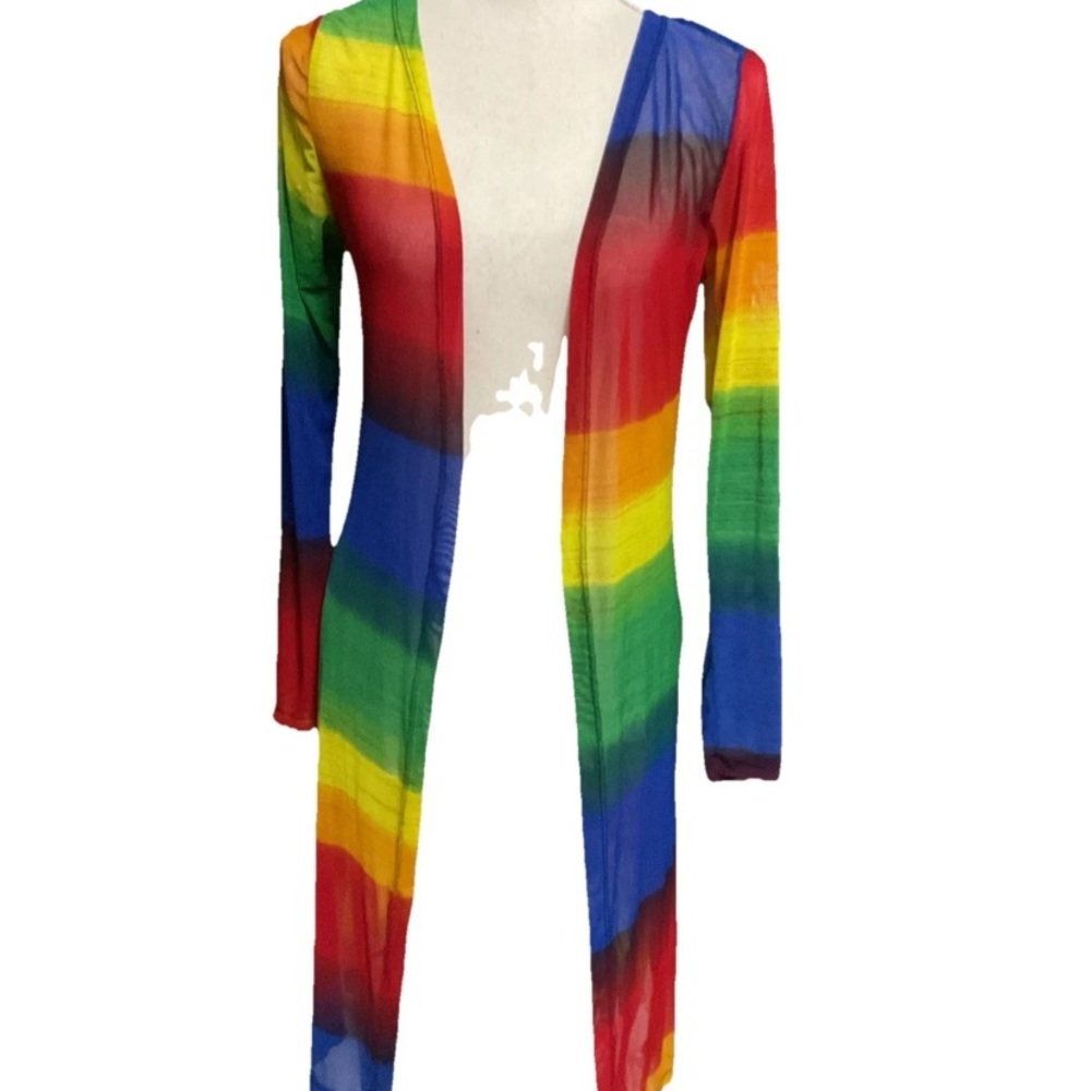 LOVE Rainbow Striped Long Open Front Mesh Cardigan Size Small